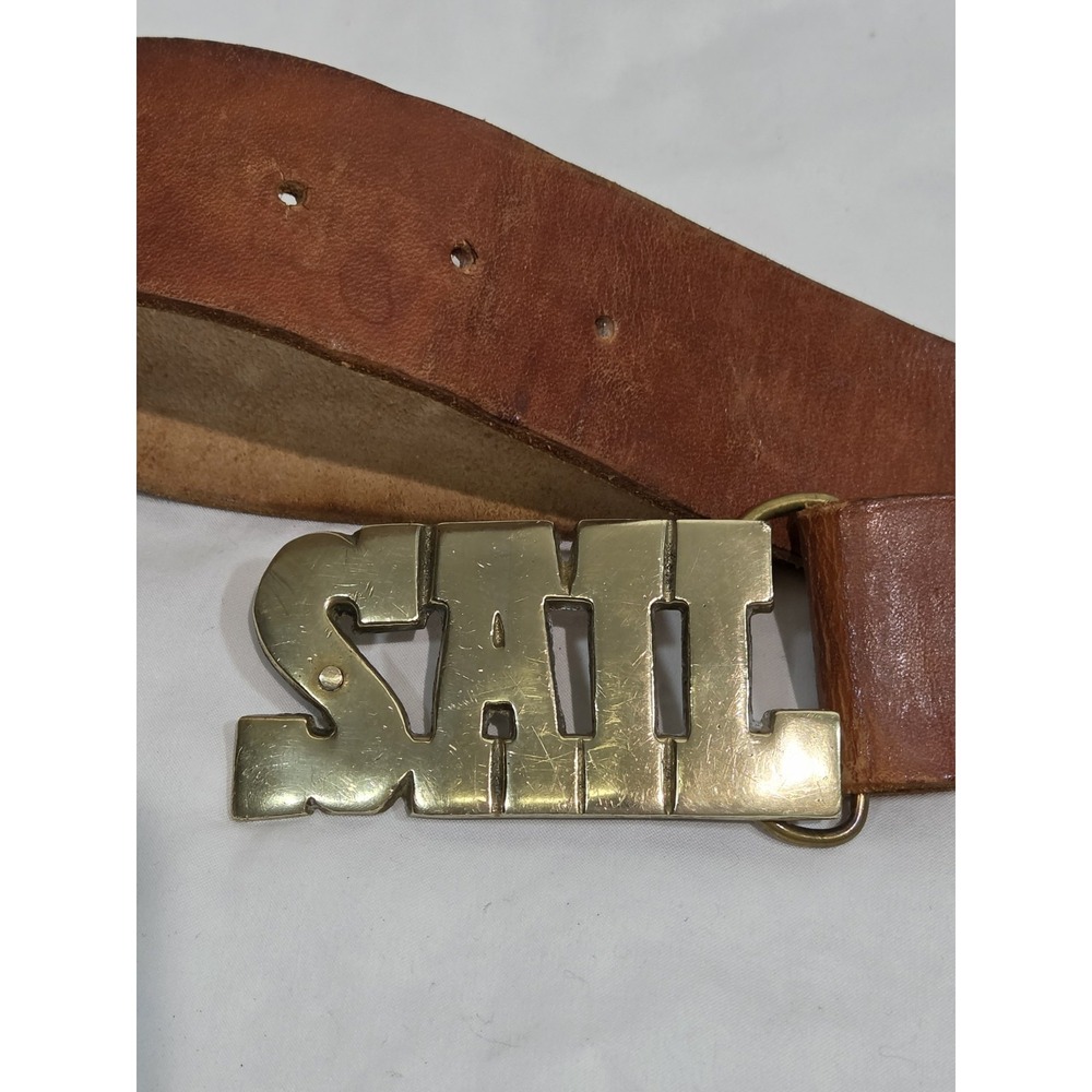 SAIL Brass Belt‎ Buckle w/ SISU Leather Belt 38"-42" Boat Marine Nautical Ocean
